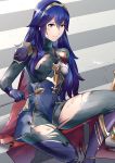  1girl alternate_costume ameno_(a_meno0) armor arrow bangs black_bodysuit blue_hair blue_shirt bodysuit breasts cape commentary_request feet_out_of_frame fingerless_gloves fire_emblem fire_emblem_awakening gloves gold_trim hair_between_eyes holding holding_arrow long_hair long_sleeves looking_at_viewer lucina_(fire_emblem) red_cape shiny shiny_hair shirt shoulder_armor sitting small_breasts solo tiara torn_clothes torn_legwear turtleneck 
