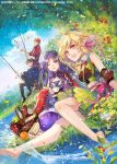  2boys 2girls apple barefoot blonde_hair brown_eyes copyright_name cover dress fish fishing fishing_line fishing_rod flower food fruit hair_ribbon highres holding holding_fishing_rod kanzen_kaihi_healer_no_kiseki kyouka_hatori long_hair lusha_plum medium_hair multiple_boys multiple_girls official_art open_mouth orange orange_eyes orange_hair petals picnic picnic_basket pink_eyes pink_ribbon pointy_ears purple_eyes purple_hair ribbon sakurai_hiroki sandwich takanashi_ruri watanabe_ren water 