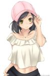  1girl alternate_costume baseball_cap black_hair black_skirt blouse casual character_name commentary_request dated frilled_blouse hat highres jewelry kantai_collection kuroshio_(kantai_collection) looking_at_viewer navel necklace pink_headwear short_hair simple_background skirt smile solo timato twitter_username white_background white_blouse yellow_eyes 
