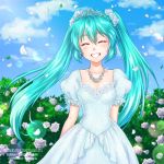  1girl arms_behind_back blue_hair blurry blurry_background bride burbur closed_eyes collarbone diadem dress earrings facing_viewer floating_hair flower grin hair_flower hair_ornament hatsune_miku jewelry lens_flare long_hair necklace petals rose shiny shiny_hair short_sleeves smile solo standing very_long_hair vocaloid watermark wedding_dress white_dress white_flower white_rose 