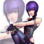  1girl black_gloves breasts eyebrows_visible_through_hair fingerless_gloves ghost_in_the_shell gloves hands_on_own_knee highres ikegami_noroshi kusanagi_motoko looking_at_viewer medium_breasts parted_lips pink_eyes purple_hair short_hair sleeveless solo 