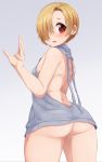  1girl absurdres aki_(sangetusei) ass back bare_arms blonde_hair breasts commentary_request earrings from_behind gradient gradient_background grey_background hair_over_one_eye highres idolmaster idolmaster_cinderella_girls jewelry looking_at_viewer looking_back meme_attire naked_sweater red_eyes ribbed_sweater shirasaka_koume simple_background small_breasts solo sweat sweater touhou turtleneck turtleneck_sweater virgin_killer_sweater 