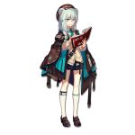  1girl animal_ears arknights bear_ears black_skirt book braid cyrillic eyebrows_visible_through_hair full_body green_eyes grey_hair hair_ornament holding holding_book istina_(arknights) kneehighs long_hair looking_at_viewer monocle official_art parted_lips pleated_skirt single_braid skade skirt solo star star_hair_ornament translation_request transparent_background white_legwear 