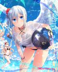  2girls angel_wings ball beachball blue_eyes blush bracelet breasts cleavage closed_mouth collarbone company_name cross_choker day falkyrie_no_monshou hand_on_own_thigh holding holding_ball jewelry large_breasts multiple_girls natsumekinoko navel necklace official_art outdoors shirt short_hair silver_hair smile swimsuit wet wet_clothes wet_shirt white_shirt wings 