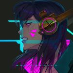  1girl angry artist_name black_background clenched_teeth cyberpunk_2077 cyborg d.va_(overwatch) furrowed_eyebrows glowing glowing_eyes highres lipstick looking_away makeup overwatch portrait profile purple_eyes purple_hair purple_lipstick robot_ears simple_background solo squidsmith teeth whisker_markings 