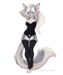  2020 absurd_res anthro arms_above_head blue_eyes breasts camisole clothed clothing digital_media_(artwork) eyebrows eyelashes female fur garter_straps grey_body grey_fur hair hi_res kyotoleopard legwear lingerie panties smile solo standing stirrup_stockings thigh_highs thin_waist underwear white_hair 