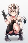  1girl animal_ears arknights armband black_footwear black_gloves black_hair blush breasts cleavage cliffheart_(arknights) closed_mouth denim denim_shorts gloves grey_eyes hat highres jewelry large_breasts leopard_ears leopard_tail messy_hair multicolored_hair necklace poifuru shoes short_hair shorts sneakers solo squatting tail tongue tongue_out two-tone_hair white_hair white_headwear 