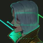  1girl artist_name ashe_(overwatch) black_background bob_cut closed_mouth cyberpunk_2077 cyborg grey_hair hair_between_eyes highres lipstick looking_away makeup overwatch popped_collar portrait profile red_eyes red_lipstick short_hair simple_background smile solo squidsmith 