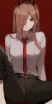  1girl belt black_belt black_pants breasts brown_hair character_request closed_mouth collared_shirt copyright_request expressionless eyebrows_visible_through_hair hair_over_one_eye highres large_breasts long_hair long_sleeves looking_at_viewer necktie pants red_background red_eyes red_neckwear rrr_ato shirt simple_background solo white_shirt 