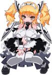  1girl apron arm_grab black_footwear black_neckwear blonde_hair blush brave_sword_x_blaze_soul breasts detached_collar detached_sleeves eyebrows_visible_through_hair full_body garter_straps headdress large_breasts long_hair looking_at_viewer maid maid_apron maid_headdress necktie official_art open_mouth showgirl_skirt simple_background solo strappy_heels thighhighs twintails white_background white_legwear wings yellow_eyes zankuro 