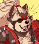  anthro bodypaint canid canine chest_tuft claws face_paint feldumpsterfire goemon_(tas) hair long_hair male mammal one_eye_closed pawpads ponytail raccoon_dog slightly_chubby solo tanuki tokyo_afterschool_summoners tuft video_games wink 