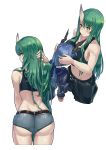  2girls absurdres arknights ass bangs bare_arms bare_shoulders black_pants blue_hair blush breast_smother breasts ch&#039;en_(arknights) chinese_commentary commentary_request cowboy_shot cropped_legs dragon_horns eyebrows_visible_through_hair from_behind green_eyes green_hair grey_shorts hair_between_eyes highres horn horns hoshiguma_(arknights) large_breasts long_hair looking_at_viewer looking_back low_twintails midriff multiple_girls multiple_views navel pants shizuoxing_kof short_shorts shorts simple_background sports_bra standing thighs twintails white_background 