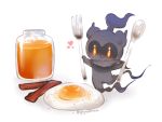  bacon bringthanoise brown_eyes creature food fork fried_egg full_body gen_7_pokemon holding holding_fork holding_spoon honey honeypot marshadow marshadow_(gloom) no_humans pokemon pokemon_(creature) signature spoon tongue tongue_out 