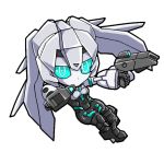  aqua_eyes chibi dual_wielding energy_gun gundam_build_divers_re:rise gunpla high_heels holding luciole-lumiere1021 may_(gundam_build_divers_re:rise) mecha mecha_musume no_mouth robot robot_joints weapon 