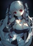  1girl azur_lane bangs black_nails black_ribbon breasts cleavage dress eyebrows_visible_through_hair formidable_(azur_lane) hair_ribbon hand_on_own_chest highres large_breasts looking_at_viewer nahaki nail_polish red_eyes ribbon silver_hair solo twintails two-tone_ribbon white_ribbon 