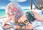  1girl antenna_hair ass beach elf flower granblue_fantasy hair_between_eyes hair_flower hair_ornament highres kokkoro_(princess_connect!) lying on_stomach pink_eyes pink_flower pointy_ears princess_connect! princess_connect!_re:dive silver_hair swimsuit tongue tongue_out yhes70903 