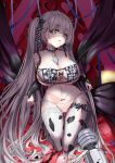  1girl absurdres alternate_costume animal_print azur_lane between_breasts blue_ribbon blush bra breasts brown_eyes censored cleavage cow_girl cow_print eyebrows_visible_through_hair formidable_(azur_lane) grey_panties groin hair_between_eyes hair_ornament heart heart-shaped_pupils heart_in_eye highres large_breasts lingerie long_hair looking_at_viewer navel panties pussy_juice red_eyes ribbon shaded_face sitting solaris_(sinhyg) solo symbol-shaped_pupils symbol_in_eye twintails underwear very_long_hair vibrator 