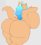  amad_no_moto anthro big_breasts big_butt blue_eyes blue_hair blush bodily_fluids breasts brown_body brown_fur butt canid canine canis domestic_dog female fur hair huge_breasts huge_butt mammal simple_background solo 