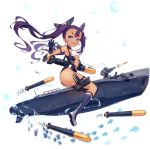  1girl ass azur_lane blue_eyes bluegill_(azur_lane) blush boots dango_remi dark_skin gloves highres long_hair looking_at_viewer official_art open_mouth purple_hair short_eyebrows smile solo swimsuit tan thighhighs thighs torpedo transparent_background twintails 