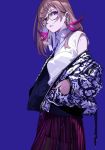  blue_background brown_hair casual character_request copyright_request earrings glasses jacket_partially_removed jewelry mole_on_arm patterned_clothing pokimari purple_eyes red_nails shirt simple_background turtleneck_leotard white_shirt 