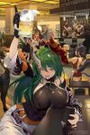  :d absurdres alcohol amiya_(arknights) arknights arm_ribbon arm_scarf bar bare_shoulders belt black_gloves blue_hair bottle breasts brown_hair chair character_request commentary_request cup damiaoermiao detached_sleeves dice dress gloves green_eyes green_hair hair_between_eyes hair_bun halo highres holding holding_tray horn hoshiguma_(arknights) indoors jewelry lappland_(arknights) large_breasts long_hair mask mask_on_head midriff multiple_girls necklace oni_horn oni_horns open_mouth pillar red_dress ribbon sideboob silver_hair skin-covered_horns smile table texas_(arknights) tray 