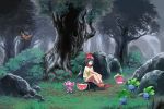  bag bangs bare_legs beanie black_hair bounsweet commentary_request floral_print forest gen_1_pokemon gen_6_pokemon gen_7_pokemon gen_8_pokemon green_shorts hat impidimp mizuki_(pokemon) mk_(mikka) nature oddish outdoors phantump pokemon pokemon_(creature) red_headwear rock shirt shoes short_shorts short_sleeves shorts sitting sneakers swept_bangs t-shirt tied_shirt tree 