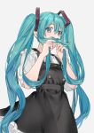 0ctter 1girl aqua_eyes aqua_hair black_dress commentary covering_mouth dress fake_facial_hair fake_mustache frilled_sleeves frills grey_background hair_ornament hands_up hatsune_miku holding holding_hair long_hair looking_at_viewer petticoat shirt solo strapless_shirt twintails upper_body very_long_hair vocaloid white_shirt 