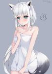 1girl ahoge animal_ear_fluff animal_ears bangs bare_arms bare_shoulders blush braid breasts cleavage collarbone commentary eyebrows_visible_through_hair fox_ears fox_girl fox_tail green_eyes grey_background highres himexin hololive long_hair looking_at_viewer naked_towel parted_lips shirakami_fubuki sidelocks signature simple_background single_braid small_breasts solo tail tied_hair towel twitter_username virtual_youtuber white_hair 