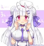  1girl azur_lane background_text beret between_breasts blush bow braid braided_bun breasts choker collared_shirt cygnet_(azur_lane) double_bun flying_sweatdrops hair_bow hair_ornament hairclip hands_up hat long_hair looking_at_viewer medium_breasts nanopai_kakumeikokonoyu necktie necktie_between_breasts parted_lips puffy_short_sleeves puffy_sleeves purple_background purple_bow purple_choker purple_eyes purple_neckwear shirt short_necktie short_sleeves silver_hair solo tilted_headwear translation_request twitter_username two-tone_background upper_body wavy_mouth white_background white_headwear white_shirt 