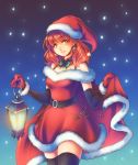  1girl belt cape celica_(fire_emblem) earrings fire_emblem fire_emblem_echoes:_shadows_of_valentia fire_emblem_heroes highres jewelry lamp red_cape red_eyes red_hair santa_costume santa_dress snowcarnival thighhighs 