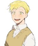  1boy alphonse_elric arms_at_sides beige_vest blonde_hair blush close-up collared_shirt commentary_request contemporary cu_churain dress_shirt eyebrows_visible_through_hair face fullmetal_alchemist happy highres jitome korean_commentary looking_away male_focus open_mouth school_uniform shaded_face shirt simple_background smile standing teeth tongue uniform upper_body upper_teeth vest white_background white_shirt yellow_eyes 