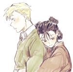  1boy 1girl alphonse_elric black_eyes black_hair blonde_hair blush braid closed_mouth collared_shirt cu_churain double_bun dress_shirt expressionless formal fullmetal_alchemist green_jacket half-closed_eyes height_difference hug hug_from_behind jacket jitome leaning_on_person looking_down may_chang multiple_braids parted_lips profile robe shirt simple_background upper_body white_background yellow_eyes 