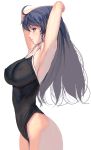  1girl ahoge armpits arms_up black_hair blue_eyes breasts curvy highleg highleg_swimsuit highres large_breasts long_hair masao one-piece_swimsuit original profile revision school_swimsuit solo standing swimsuit white_background 