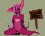  &lt;3_nose 2018 anthro balls bdsm bondage bound censored chiropteran collar corablue genitals grass green_background hair horn kullax male mammal penis pink_body pink_hair short_hair sign simple_background solo 