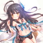  1girl ahoge azur_lane bangs bare_shoulders bed_sheet black_hair black_skirt blue_bow blush bow breasts brown_eyes clenched_hand collarbone crop_top detached_sleeves eyebrows_visible_through_hair groin headgear long_hair looking_at_viewer lying mechanical_horns nanopai_kakumeikokonoyu navel nowaki_(azur_lane) on_back parted_lips pleated_skirt sheet_grab skirt small_breasts solo tears translation_request very_long_hair white_sleeves yellow_eyes 