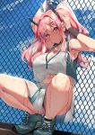  1girl adjusting_hair arm_up armpits azur_lane bangs blue_sky blush bottle breasts bremerton_(azur_lane) bremerton_(scorching-hot_training)_(azur_lane) chain-link_fence cleavage closed_mouth commentary_request crop_top crop_top_overhang ear_piercing earrings fence green_footwear hair_between_eyes hair_ornament head_tilt heart heart_necklace highres jewelry large_breasts midriff mole mole_under_eye multicolored_hair multiple_earrings piercing pink_hair pouring_onto_self red_eyes see-through shirt sidelocks sitting skirt sky sleeveless sleeveless_shirt smile sportswear squatting streaked_hair sweat tennis_uniform thighs two-tone_shirt two-tone_skirt two_side_up water water_bottle wet wet_clothes wet_shirt white_skirt wristband x_hair_ornament yappen 