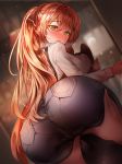  1girl apron ass_grab bangs bent_over blush brown_apron brown_hair commentary_request denim eyebrows_visible_through_hair girls_frontline green_eyes hair_between_eyes hair_ribbon hands high_ponytail highres holding holding_tray jeans long_hair looking_back lush m1903_springfield_(girls_frontline) open_mouth pants ribbon shirt snowru sweat tray very_long_hair white_shirt 