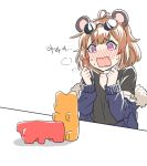  1girl all_fours animal_ears antenna_hair bear_ears blush brown_hair choker commentary_request doggystyle dulldull embarrassed eyebrows_visible_through_hair fur_trim girls_frontline grizzly_mkv_(girls_frontline) gummy_bear heavy_breathing jacket off_shoulder open_mouth purple_eyes shirt short_hair sunglasses t-shirt translation_request 