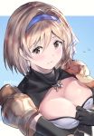  1girl bangs black_gloves blue_hairband breasts cleavage closed_mouth commentary_request covered_collarbone djeeta_(granblue_fantasy) elbow_gloves eyebrows_visible_through_hair flying_sweatdrops gloves granblue_fantasy hair_between_eyes hair_ribbon hairband hand_up highres light_brown_hair medium_breasts milli_little pauldrons ribbon short_hair solo twitter_username upper_body white_ribbon 