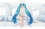 0ctter 1girl aqua_eyes aqua_hair barefoot chair character_name commentary hair_ornament hatsune_miku holding_shirt indoors knit_sweater letterboxed long_hair looking_at_viewer no_pants open_mouth room smile solo standing sweater table twintails very_long_hair vocaloid white_sweater wide_shot window 