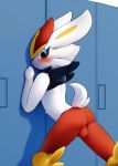  2020 blush bulge butt cinderace fur genitals hi_res inside looking_back male nintendo pok&eacute;mon pok&eacute;mon_(species) presenting presenting_hindquarters steel_cat video_games white_body white_fur 