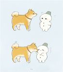  ^_^ ayu_(mog) blush closed_eyes commentary_request dog face_licking grey_background hat licking notice_lines original shiba_inu signature simple_background smile snowman tail_wagging tongue tongue_out 