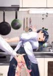  1boy 1girl bangs bent_over blue_hair blue_hakama blush breasts chopsticks fingering from_behind hair_ribbon hakama hakama_skirt head_tilt heart highres houshou_(kantai_collection) indoors japanese_clothes kantai_collection kappougi kitchen large_breasts long_hair nori_senbei_(norisenbei_1) open_clothes open_mouth out_of_frame panties panty_pull pink_panties ponytail ribbon signature sink standing stove trembling underwear 