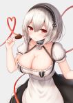  1girl anchor_choker apron azur_lane black_dress blush breasts candy chocolate chocolate_heart cleavage closed_mouth cowboy_shot dress eyebrows_visible_through_hair food grey_background hair_between_eyes hairband heart heart_of_string jori large_breasts looking_at_viewer maid maid_apron red_eyes ribbon short_hair short_sleeves silver_hair simple_background sirius_(azur_lane) solo valentine 
