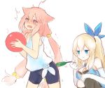  13o 2girls ahoge animal_ears ball bangs blonde_hair blue_eyes blush blush_stickers breasts cat_ears cleavage elbow_gloves gloves hinata_channel holding holding_ball mirai_akari mirai_akari_project motion_lines multiple_girls nekomiya_hinata open_mouth pink_hair ponytail simple_background sketch smile tickling twintails virtual_youtuber white_background 