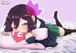  1girl alternate_hair_color black_hair black_jacket black_legwear chiwa_(chiwa0617) commentary_request green_skirt hair_ornament jacket kantai_collection kisaragi_(kantai_collection) long_hair looking_at_viewer lying on_stomach perspective purple_eyes remodel_(kantai_collection) school_uniform skirt solo thighhighs yes-no_pillow 