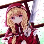  1girl basket blonde_hair braid cloud cloudy_sky commentary_request dress eyebrows_visible_through_hair hair_between_eyes holding little_red_riding_hood little_red_riding_hood_(grimm) long_sleeves looking_at_viewer nanase_nao petals railing red_dress red_eyes red_hood shiny shiny_hair sky solo twin_braids 