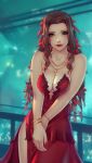  1girl aerith_gainsborough blurry blurry_background bracelet breasts brown_hair cleavage commentary dress drill_hair english_commentary final_fantasy final_fantasy_vii green_eyes jewelry lips long_dress long_hair looking_at_viewer medium_breasts nail_polish necklace red_dress solo soranamae strapless strapless_dress 