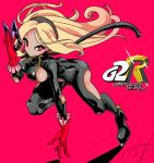  1girl blonde_hair bodysuit breasts closed_mouth dark_skin gravity_daze hairband kitten_(gravity_daze) long_hair looking_at_viewer persona persona_5 persona_5_the_royal pungter red_eyes simple_background smile solo 