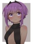  1girl bangs bare_shoulders black_leotard blush breasts center_opening closed_mouth dark_skin eyebrows_visible_through_hair fate/prototype fate/prototype:_fragments_of_blue_and_silver fate_(series) grey_background hassan_of_serenity_(fate) i.u.y leotard looking_at_viewer purple_eyes purple_hair sidelocks small_breasts smile solo two-tone_background upper_body white_background 